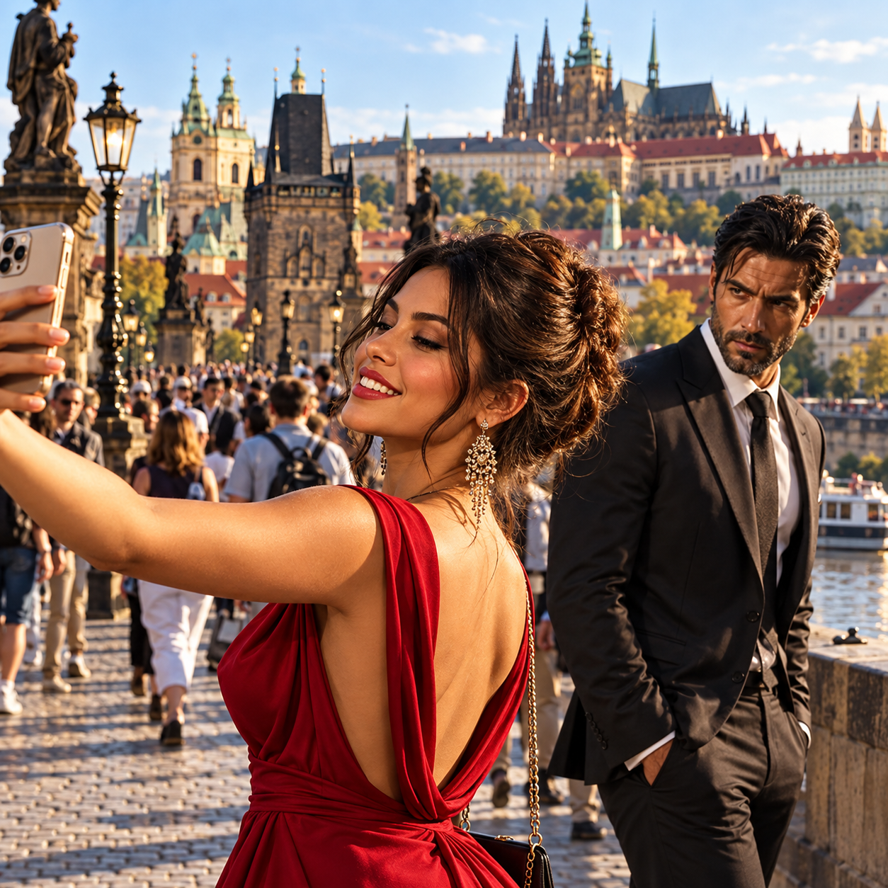 Mulher de vestido vermelho tirando uma selfie em Praga, observada por um homem de terno.