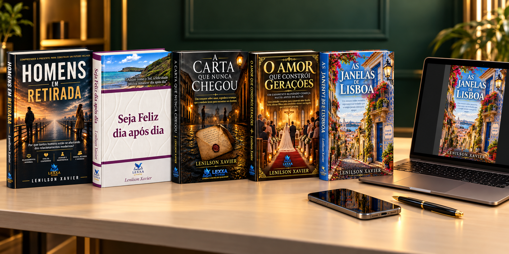 Cinco livros de Lenilson Xavier em pé sobre uma mesa, com notebook exibindo um e-book, celular e caneta