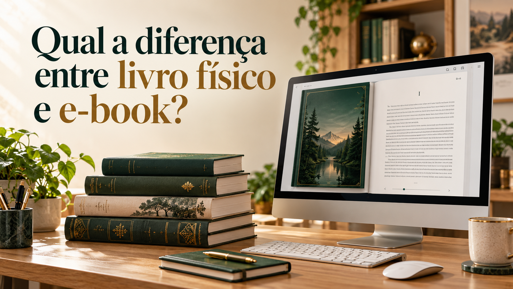Livros físicos e um computador com e-book sobre uma mesa