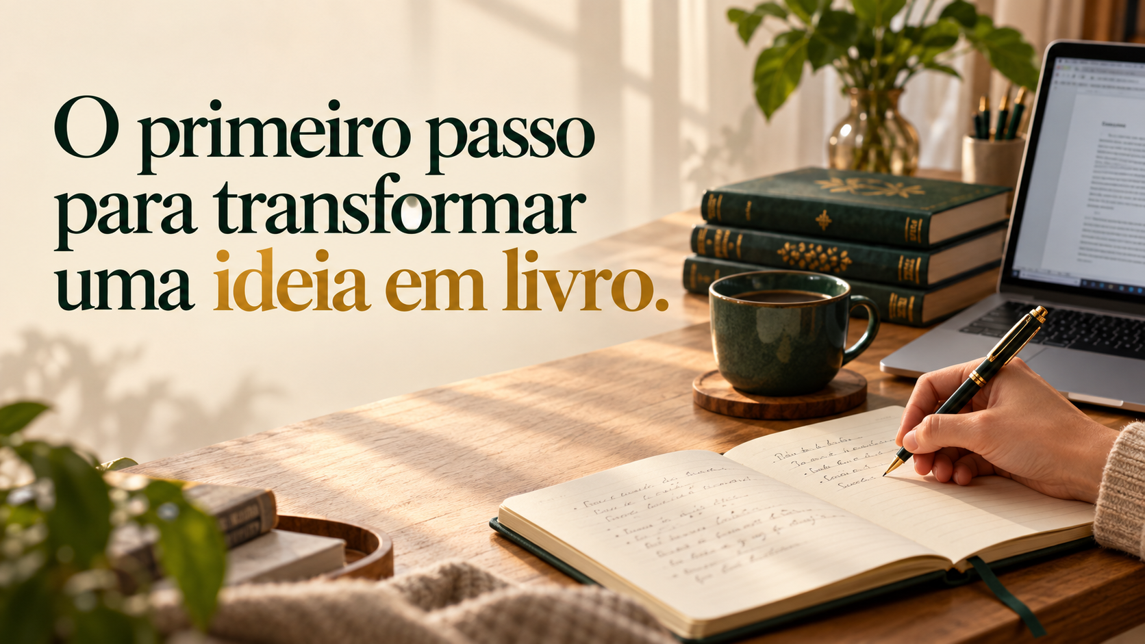 Pessoa escrevendo em um caderno, com livros e notebook sobre a mesa